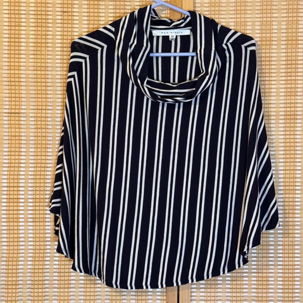 Max Studio Navy White Striped‎ Cowl Neck Poncho Top XS Streetwear Boho Office